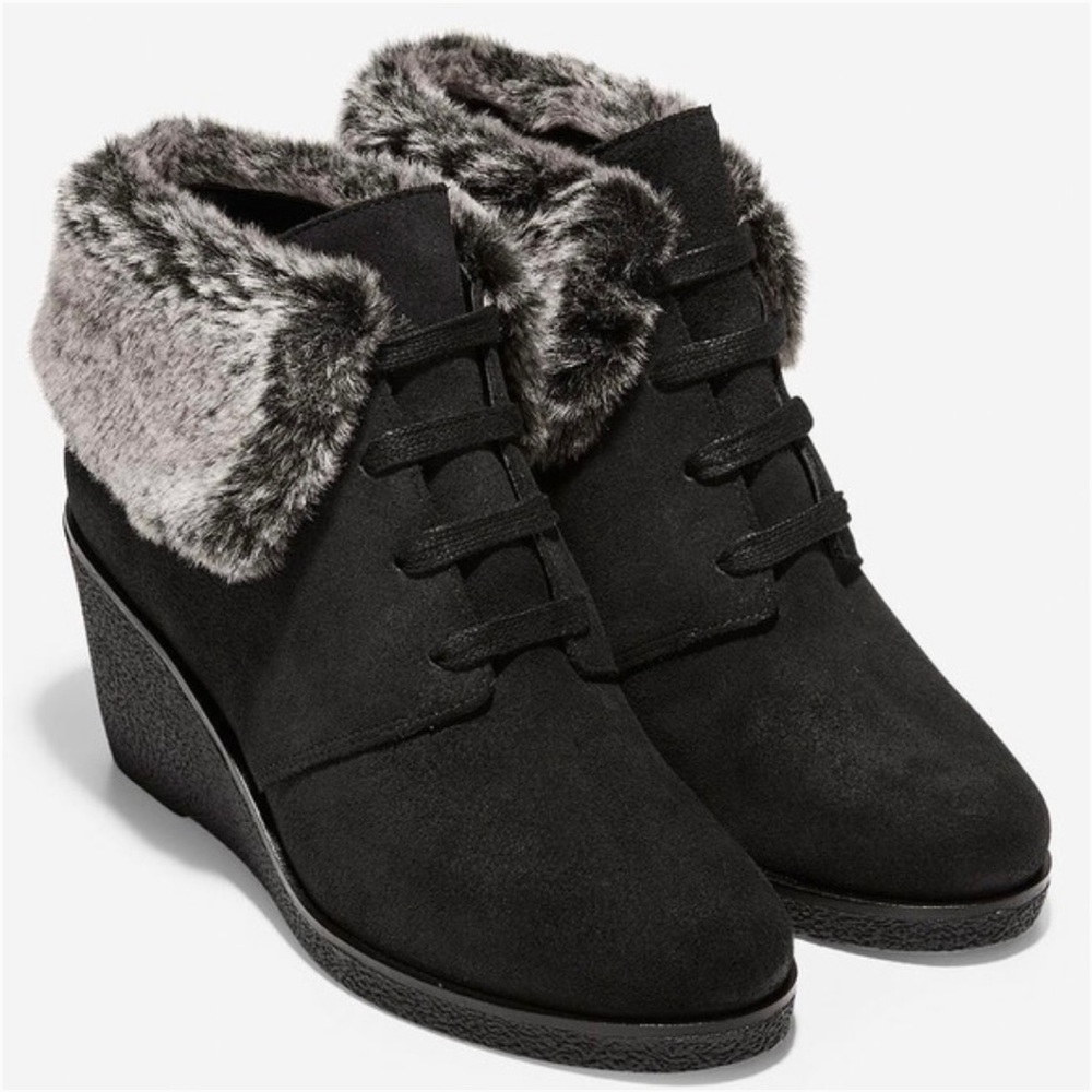 Black Faux-Fur Trim Wedge Ankle Boots - Women